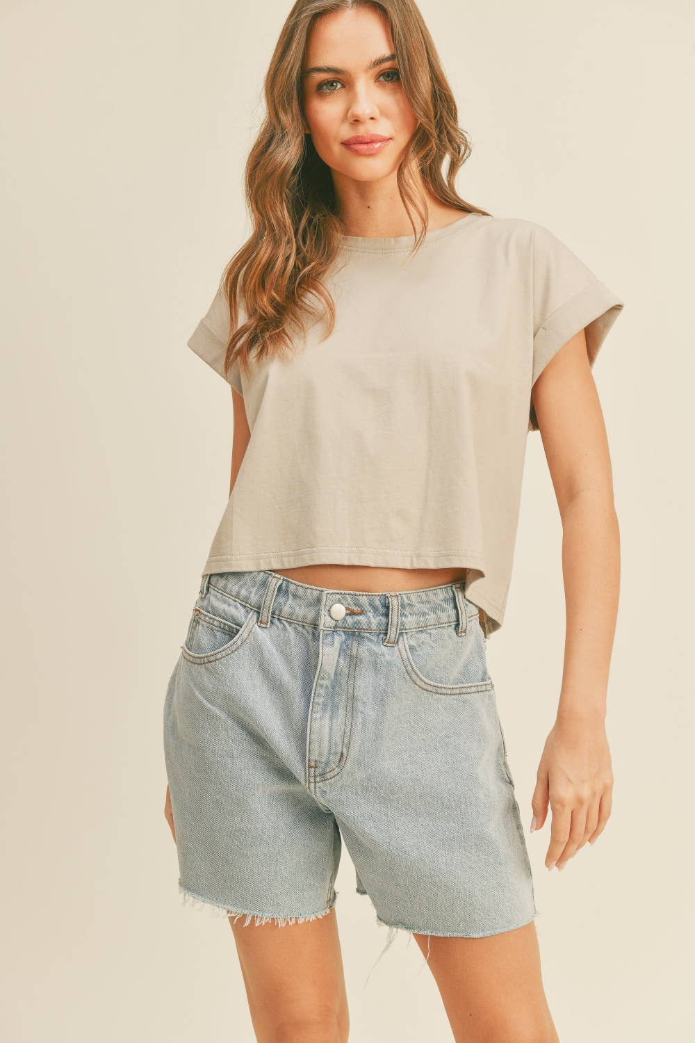 Cuffed Sleeve Top: Stone