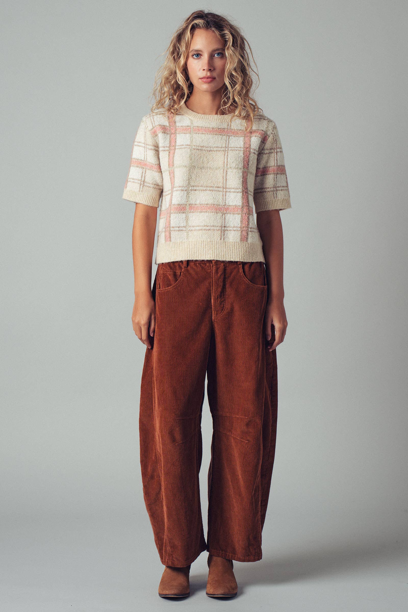 Plaid Short Sleeve Knit Sweater Top