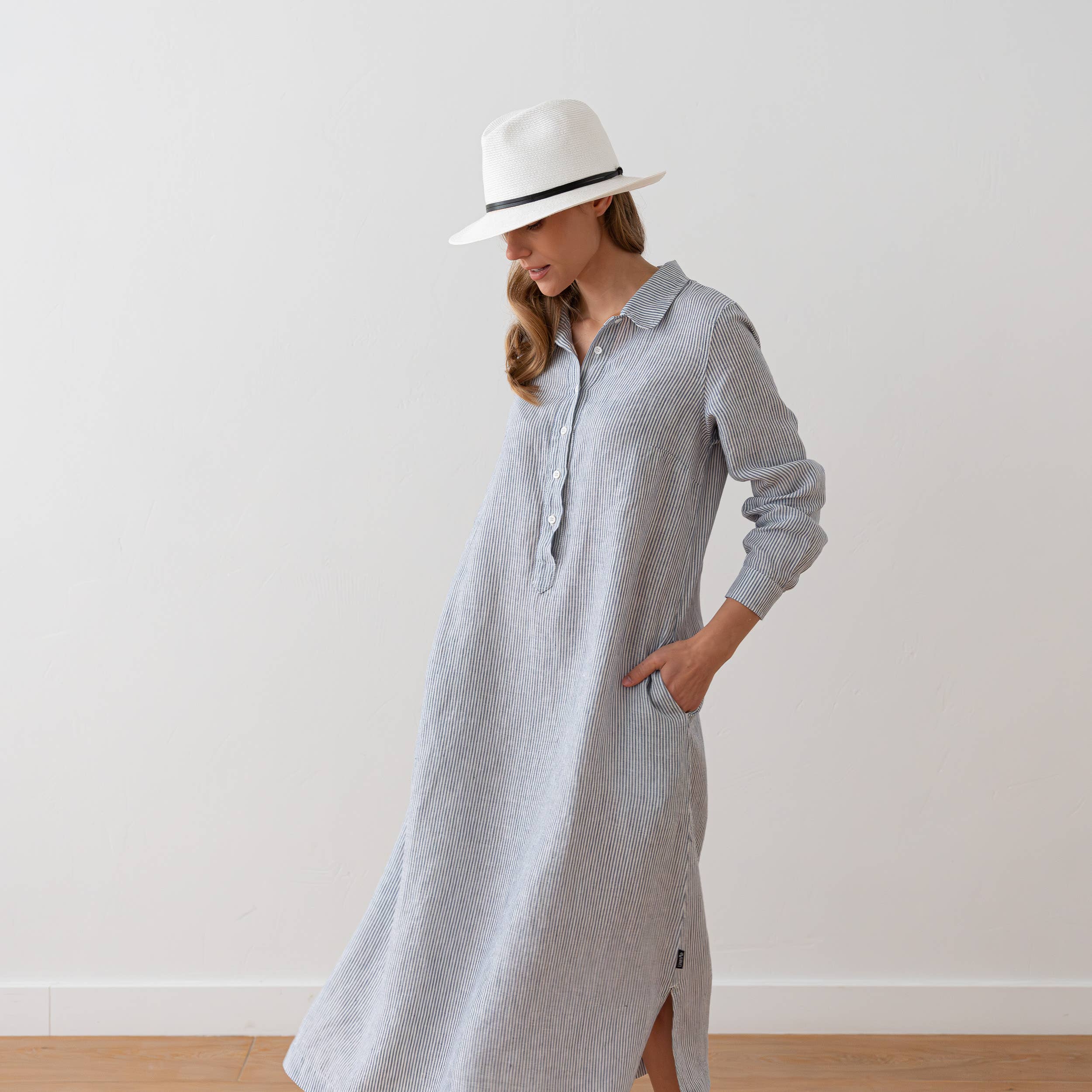 Navy Striped Linen Maxi Dress