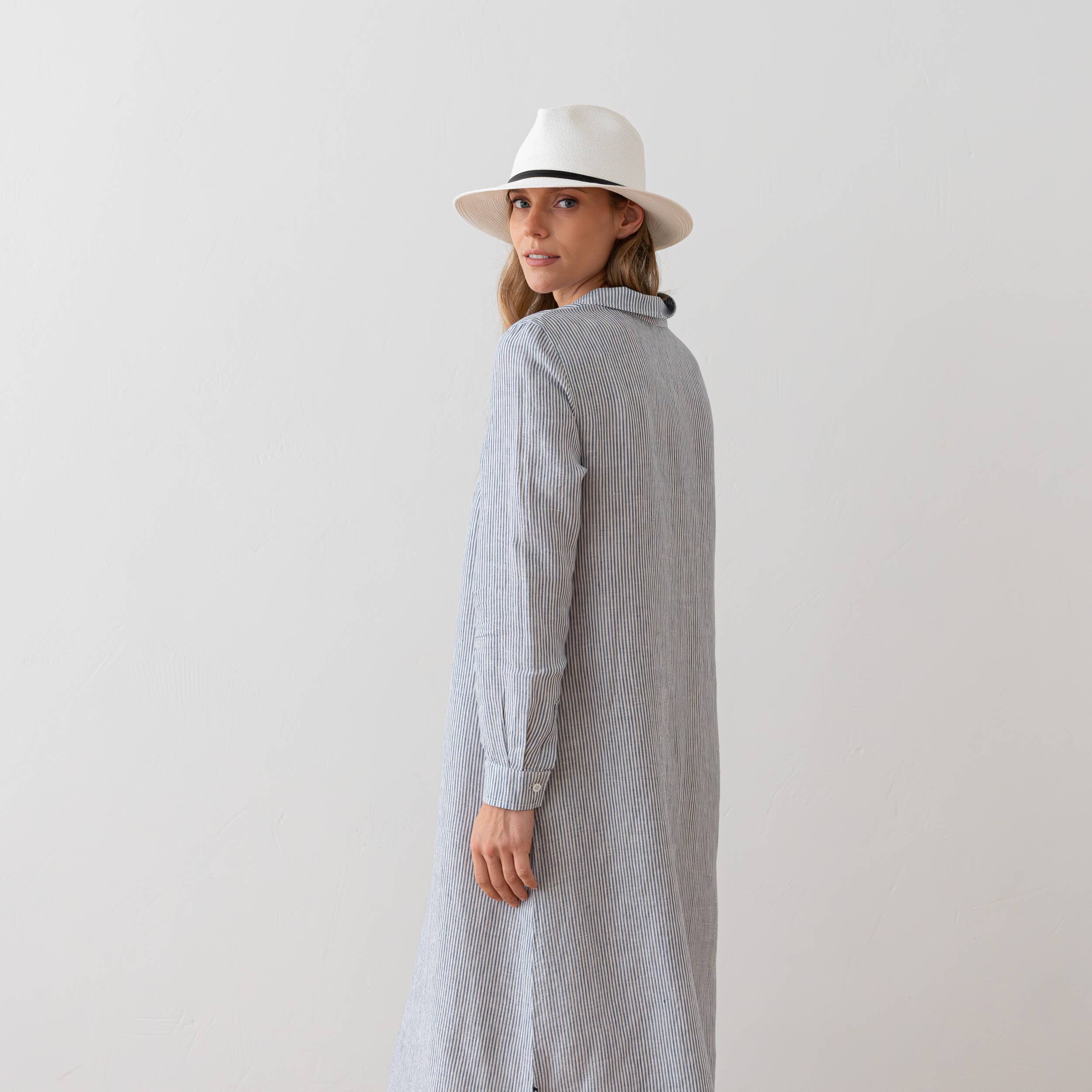 Navy Striped Linen Maxi Dress