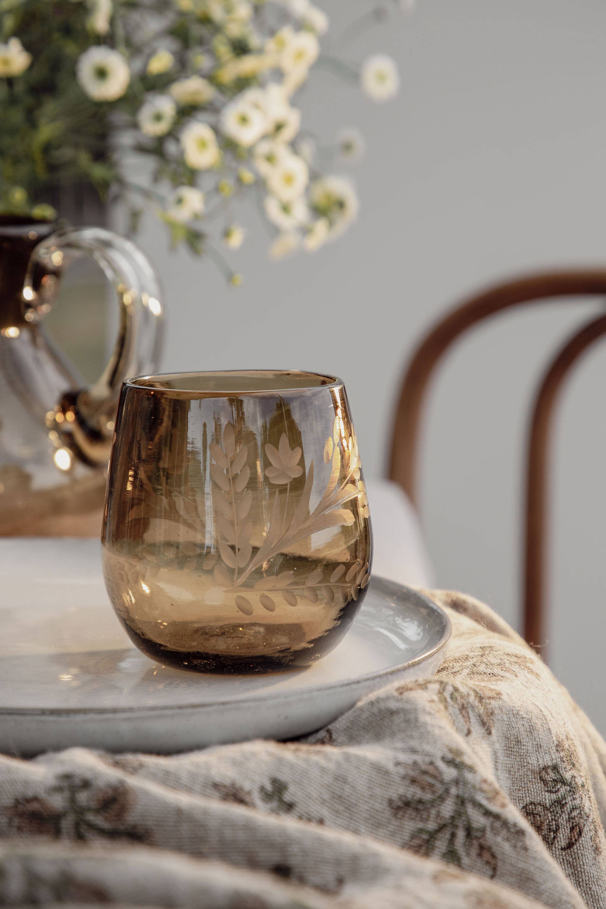 Hand-Etched Blown Oval Glass: Amber