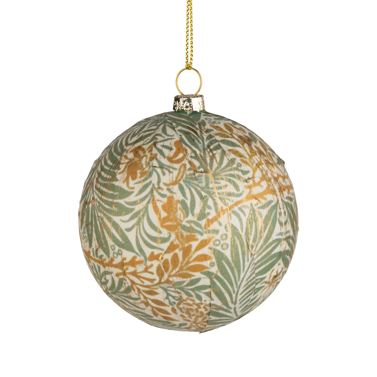 A25022:Paper/plastic ball orn,green/gold leaf lt gold 3in