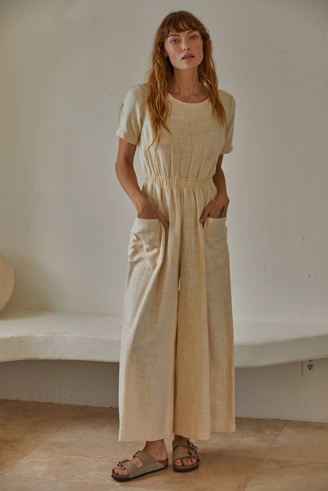 Wide Leg Cotton Jumpsuit: Cream
