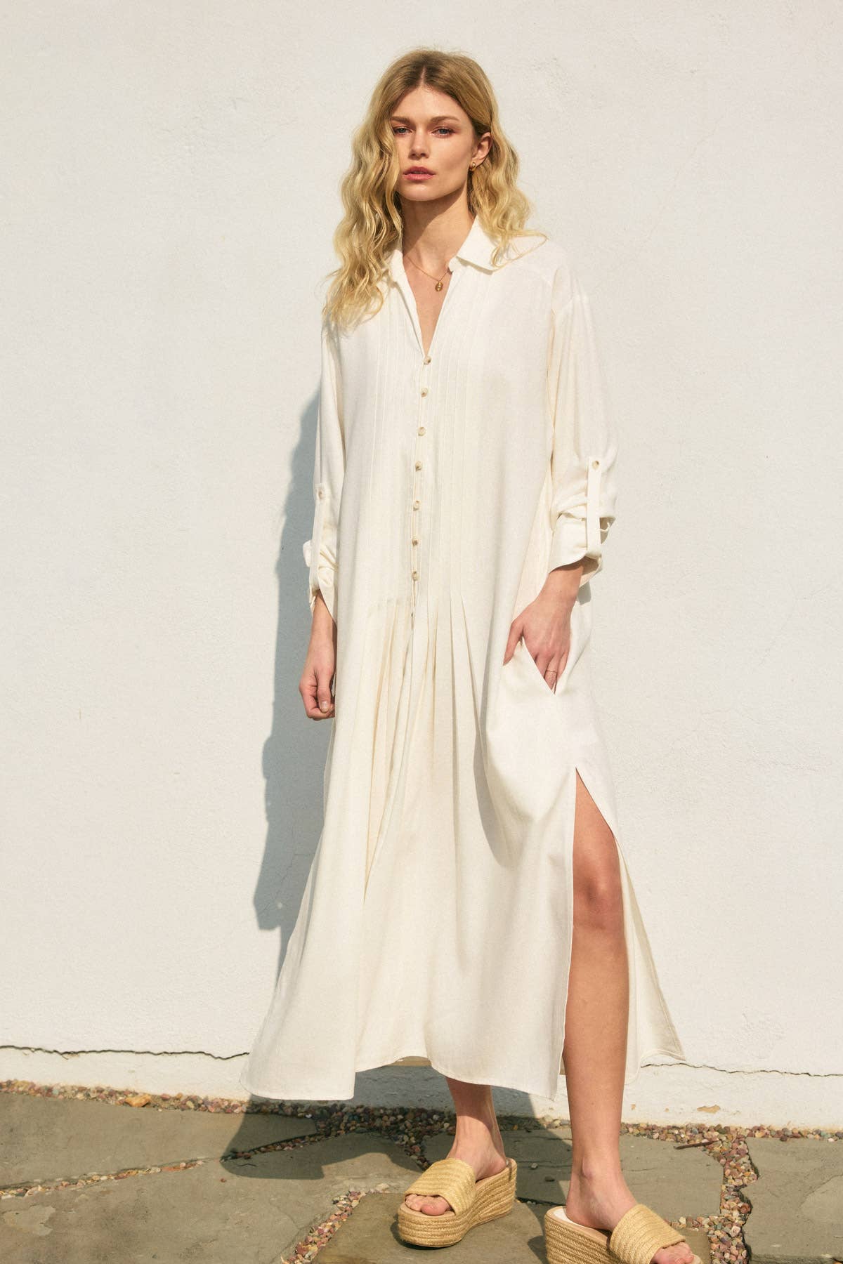 Cotton Linen Pleated Shirt Dress: Ivory
