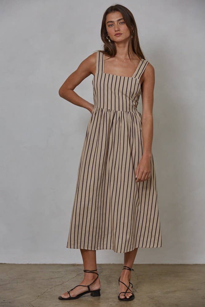 Woven Cotton Striped Midi Dress: Latte