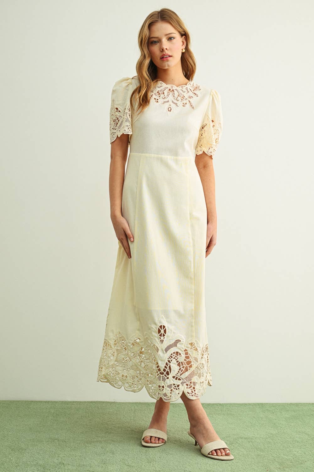 Adeline Cutwork Linen Maxi Dress: Ecru