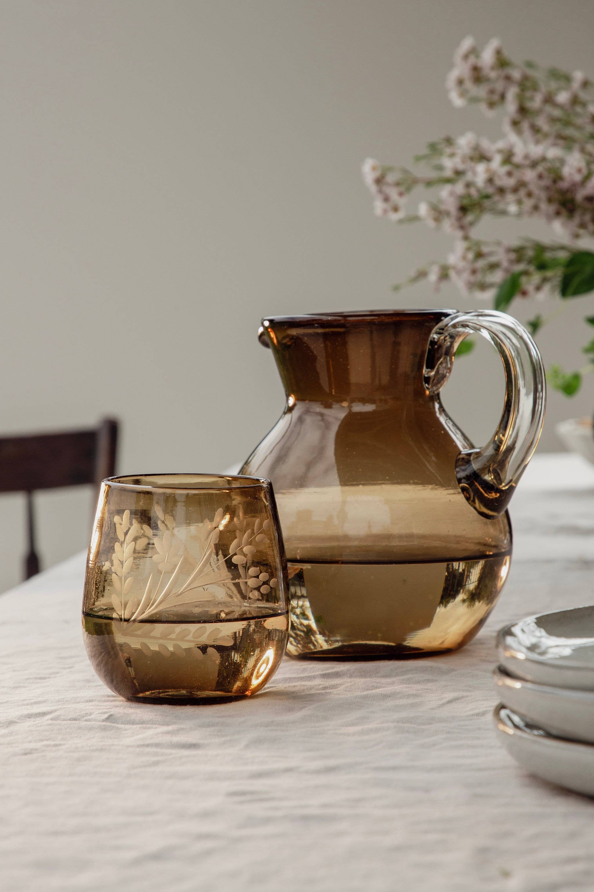 Hand-Etched Blown Oval Glass: Amber