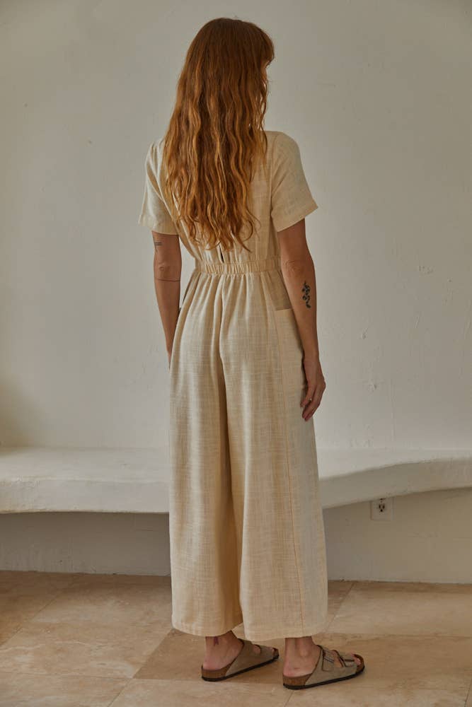 Wide Leg Cotton Jumpsuit: Cream