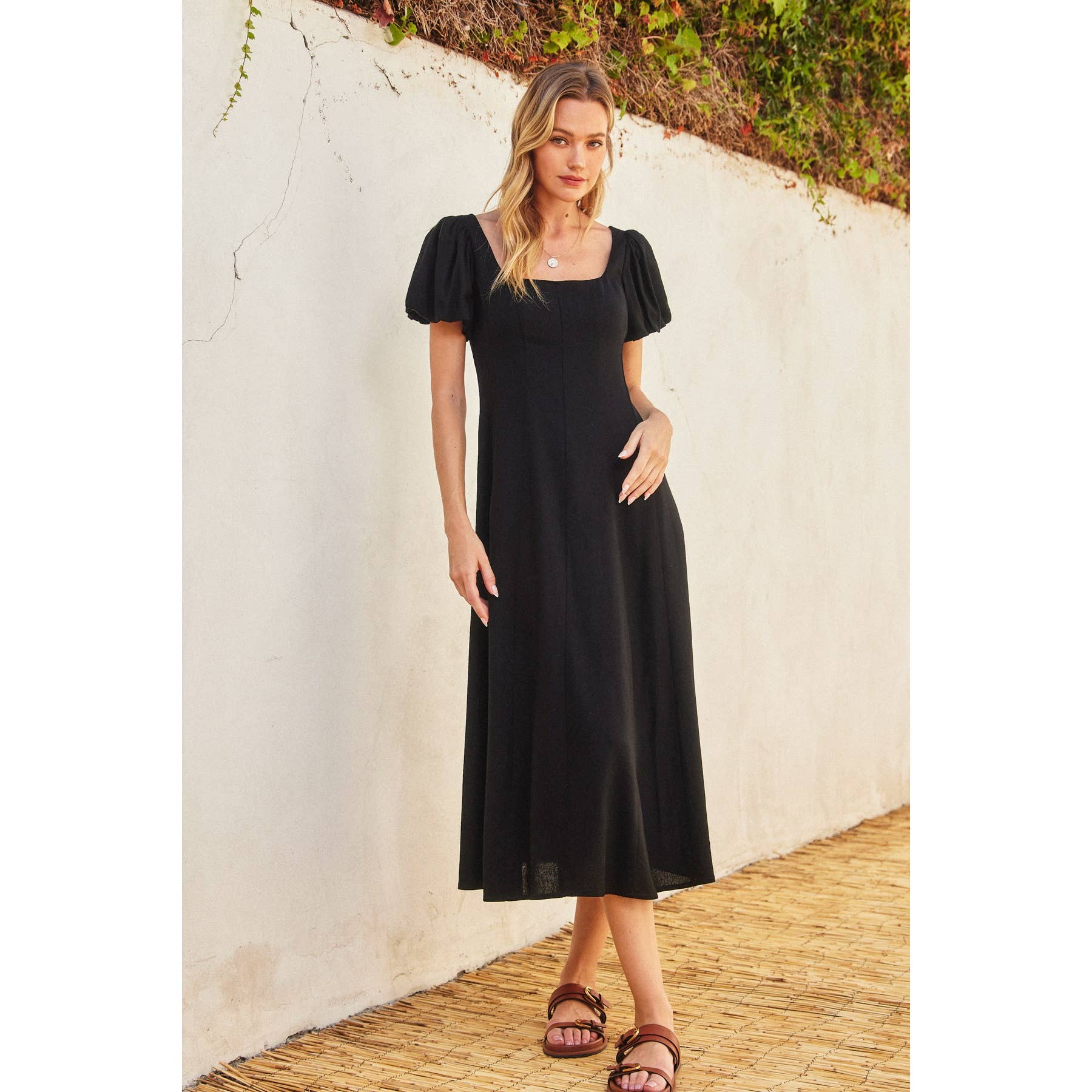 Cotton Linen Puff Sleeve Midi Dress