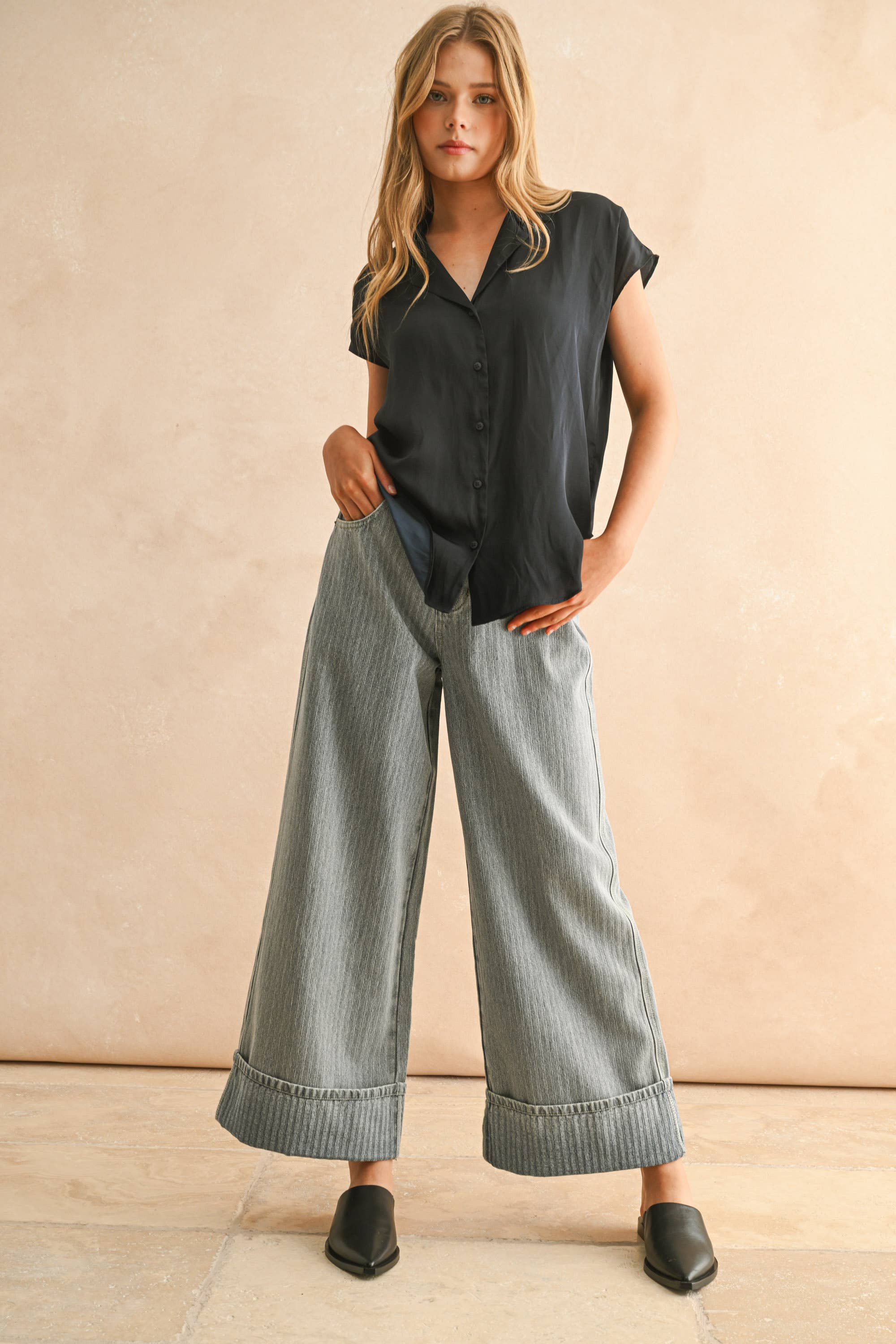 Cap Sleeve Silk Blend Blouse: Black