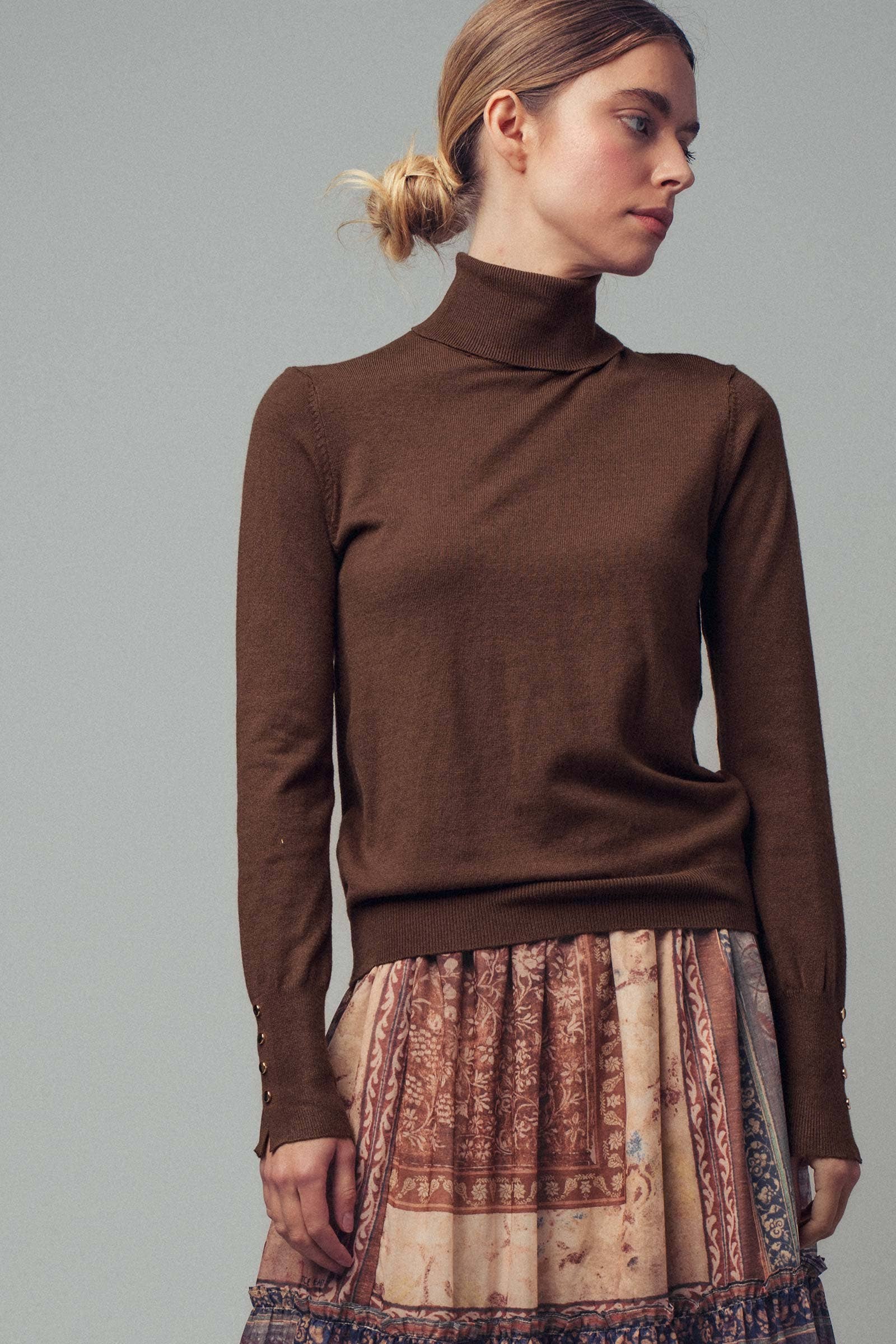Gold Button Fitted Turtleneck Sweater: Brown