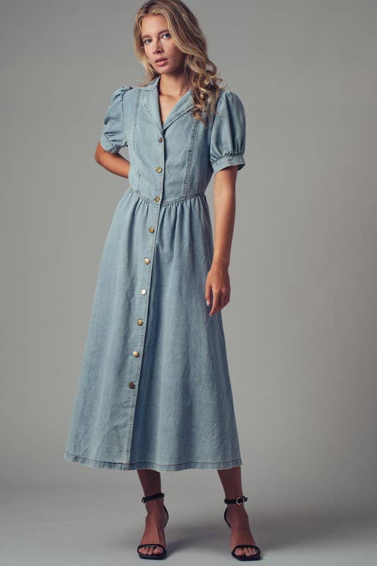 Button-Down Puff Sleeve Denim Midi Dress