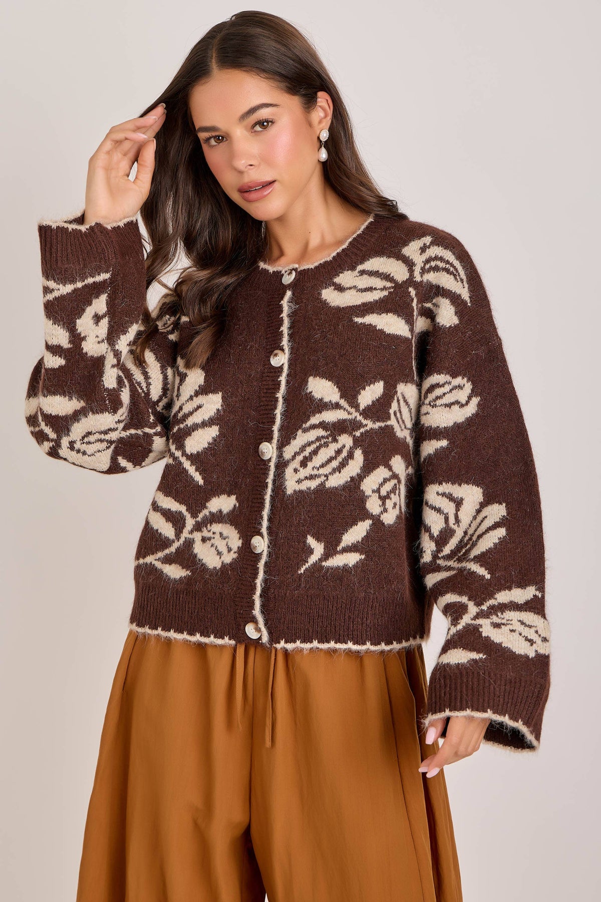 Floral Cardigan: Mocha & Oatmeal