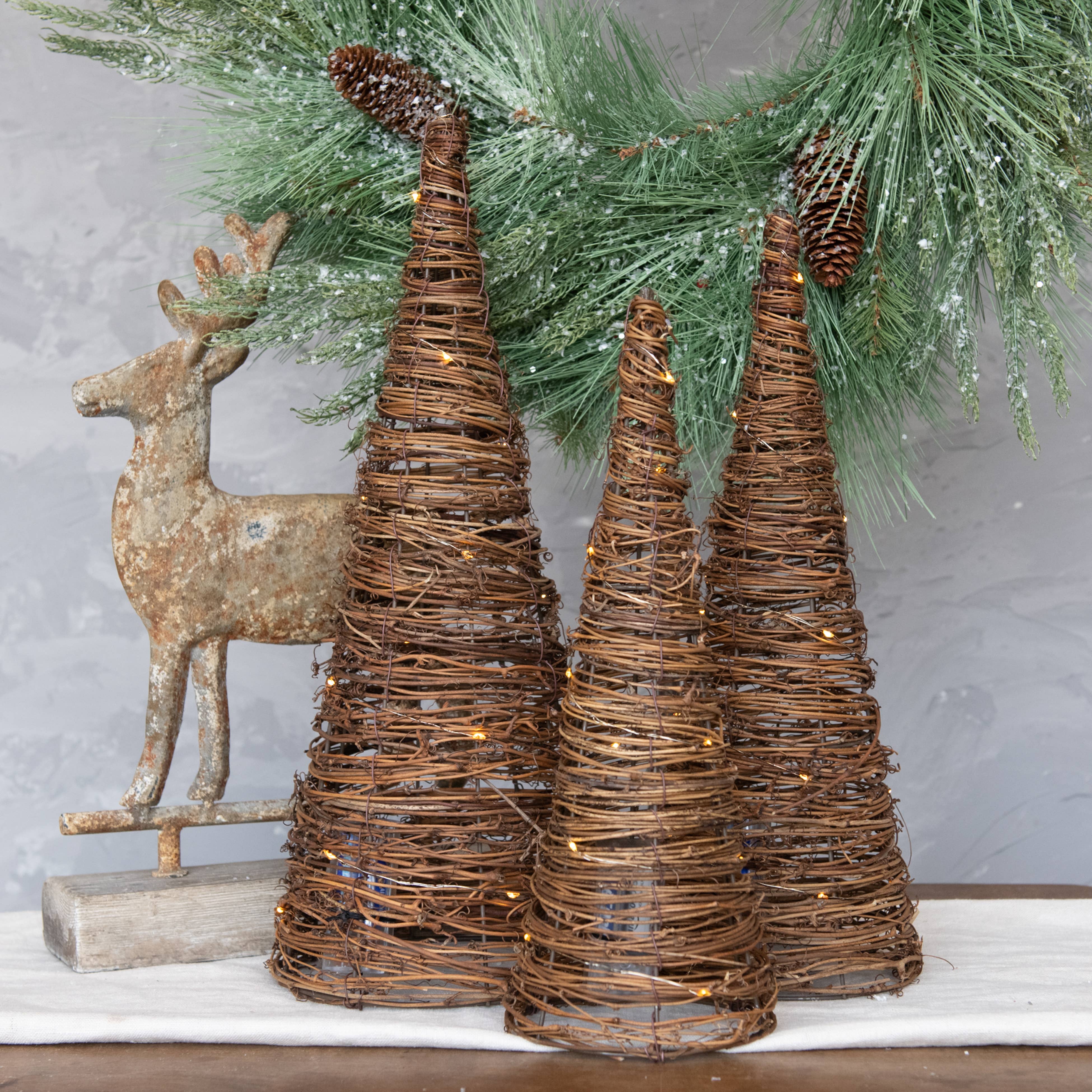Lighted Grapevine Cone Trees – Set of Three