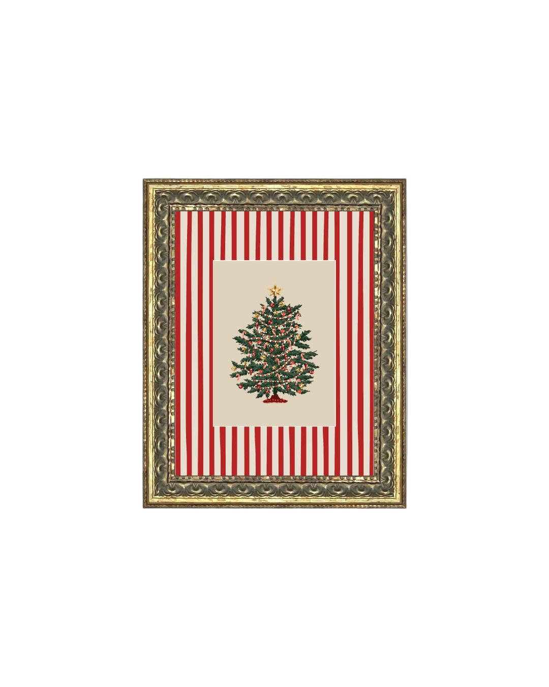 Peppermint Stripe Tree Framed Antique Art: 8x10