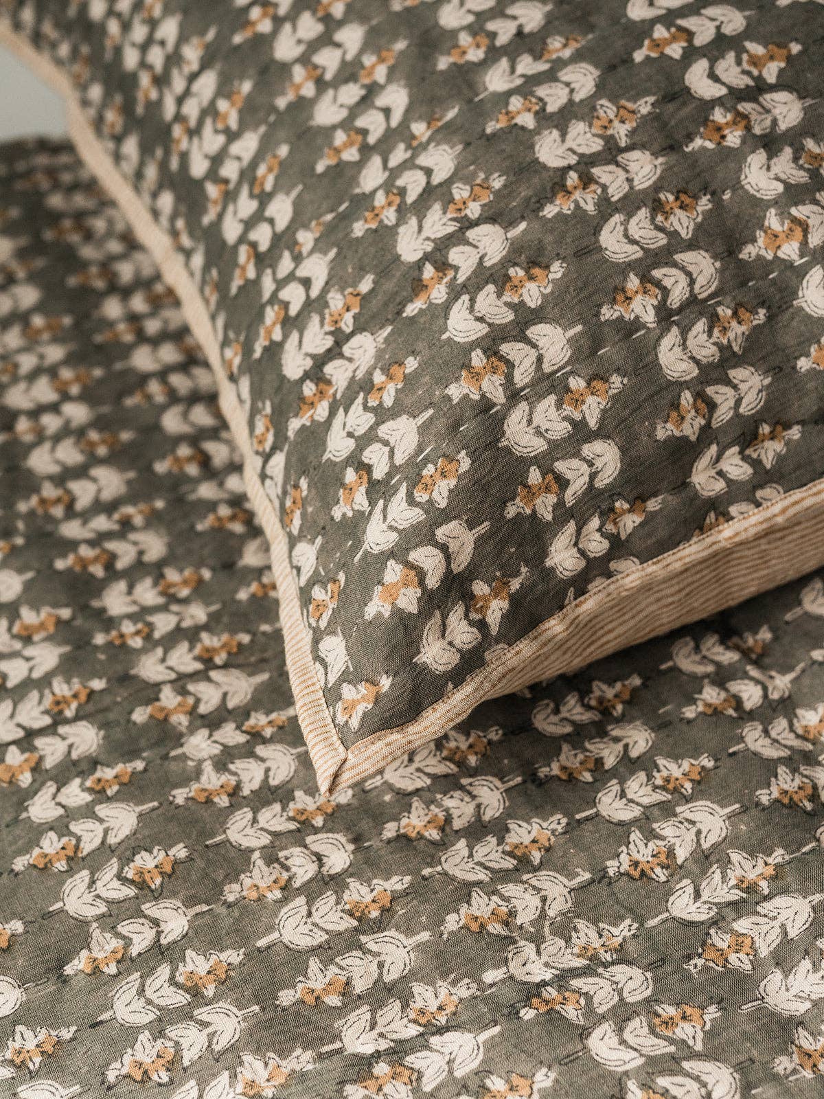 King Blossom Block Print Quilt: Olive Night