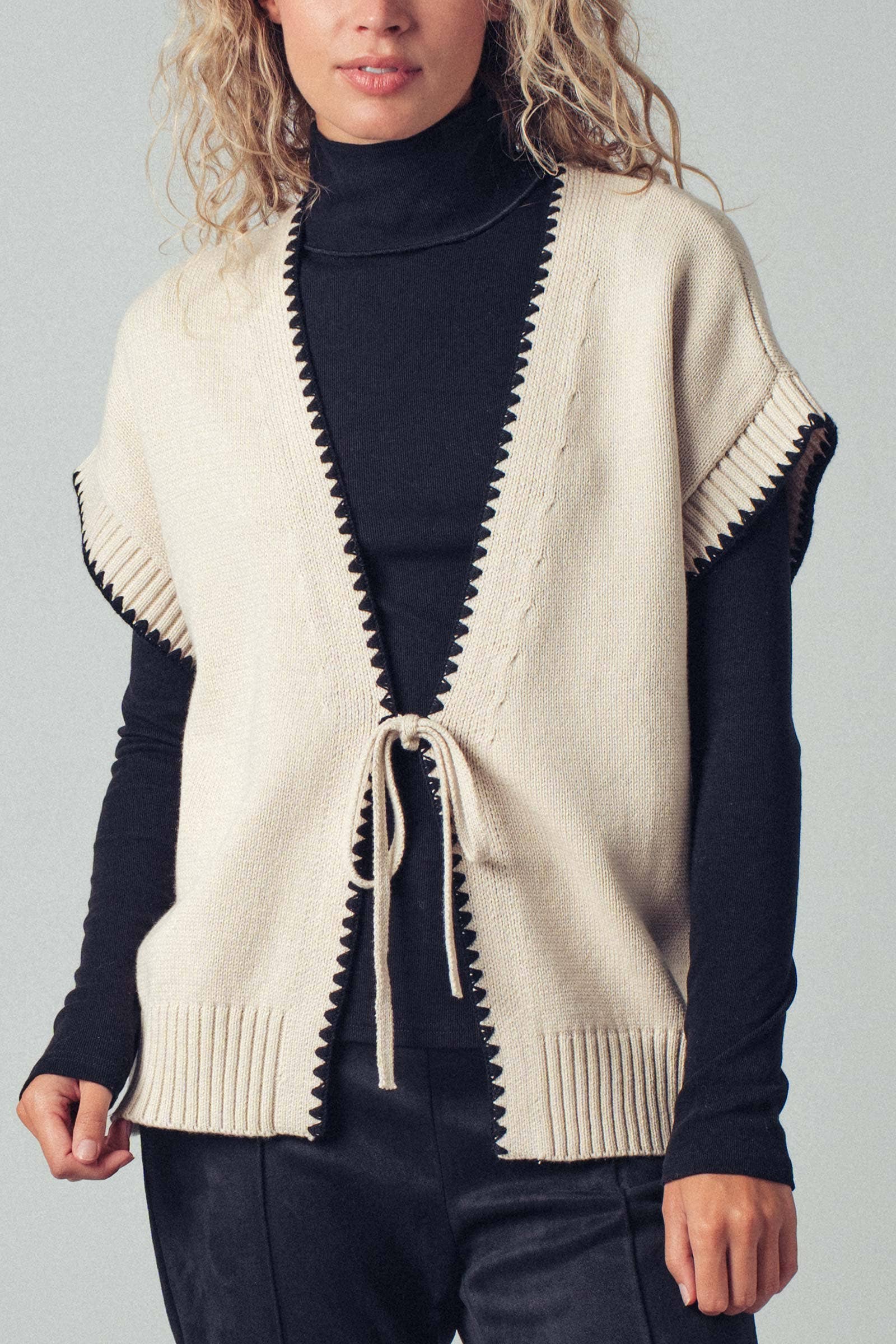 Crochet Trim Tie Front Knit Vest: Ivory