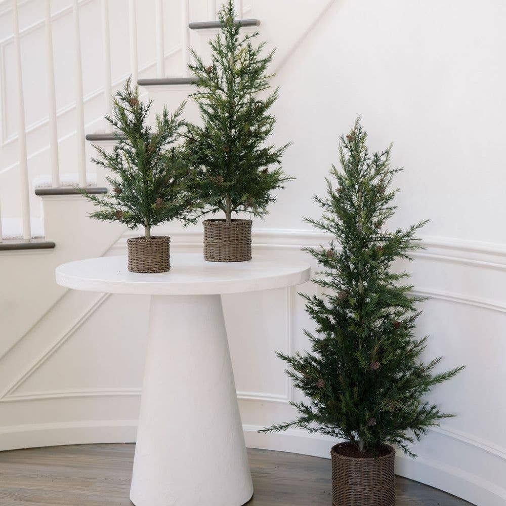 Faux Pine Tree in Woven Basket