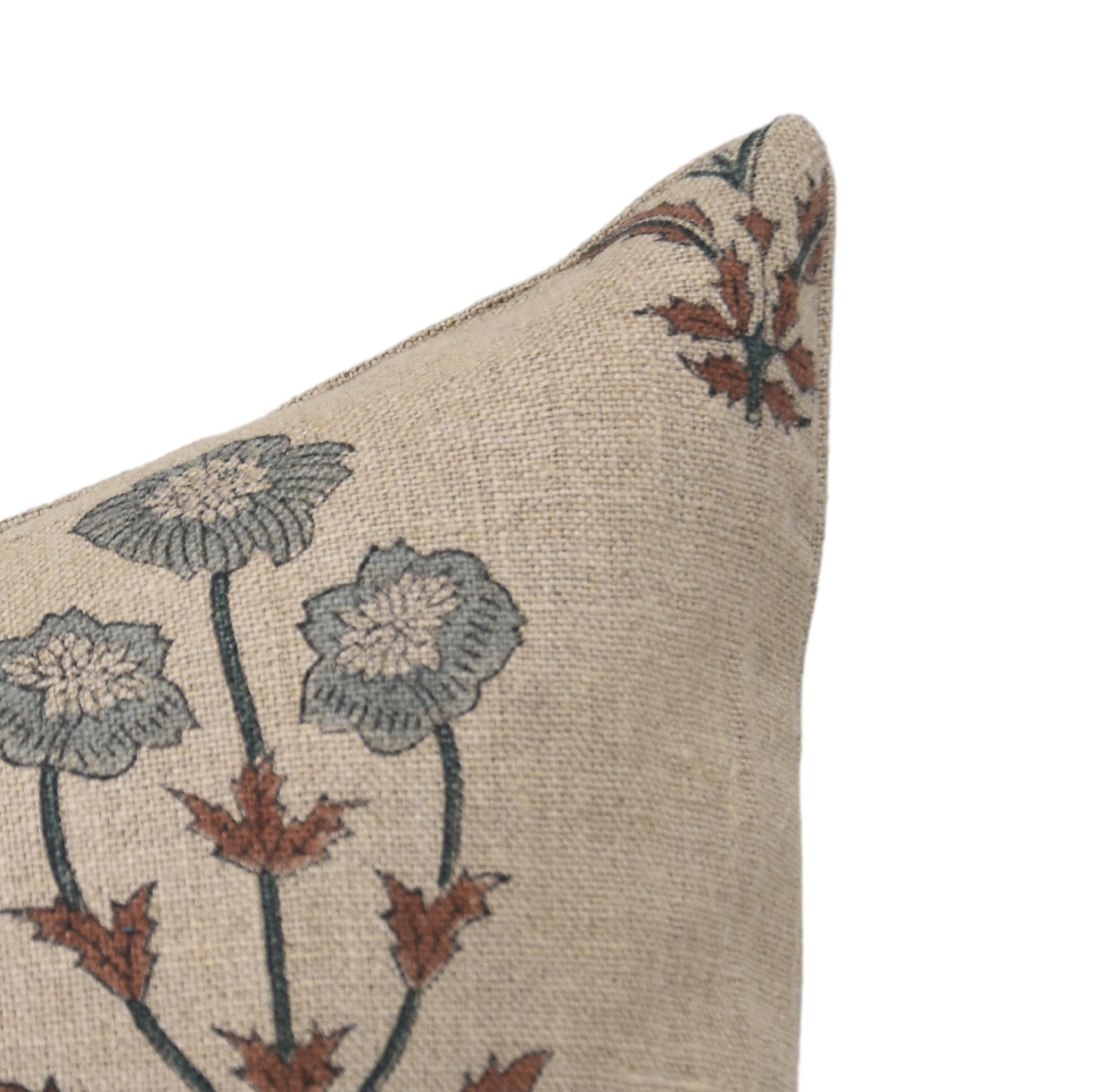 Block Print Linen Blend Pillow: Beige & Blue Amitabh