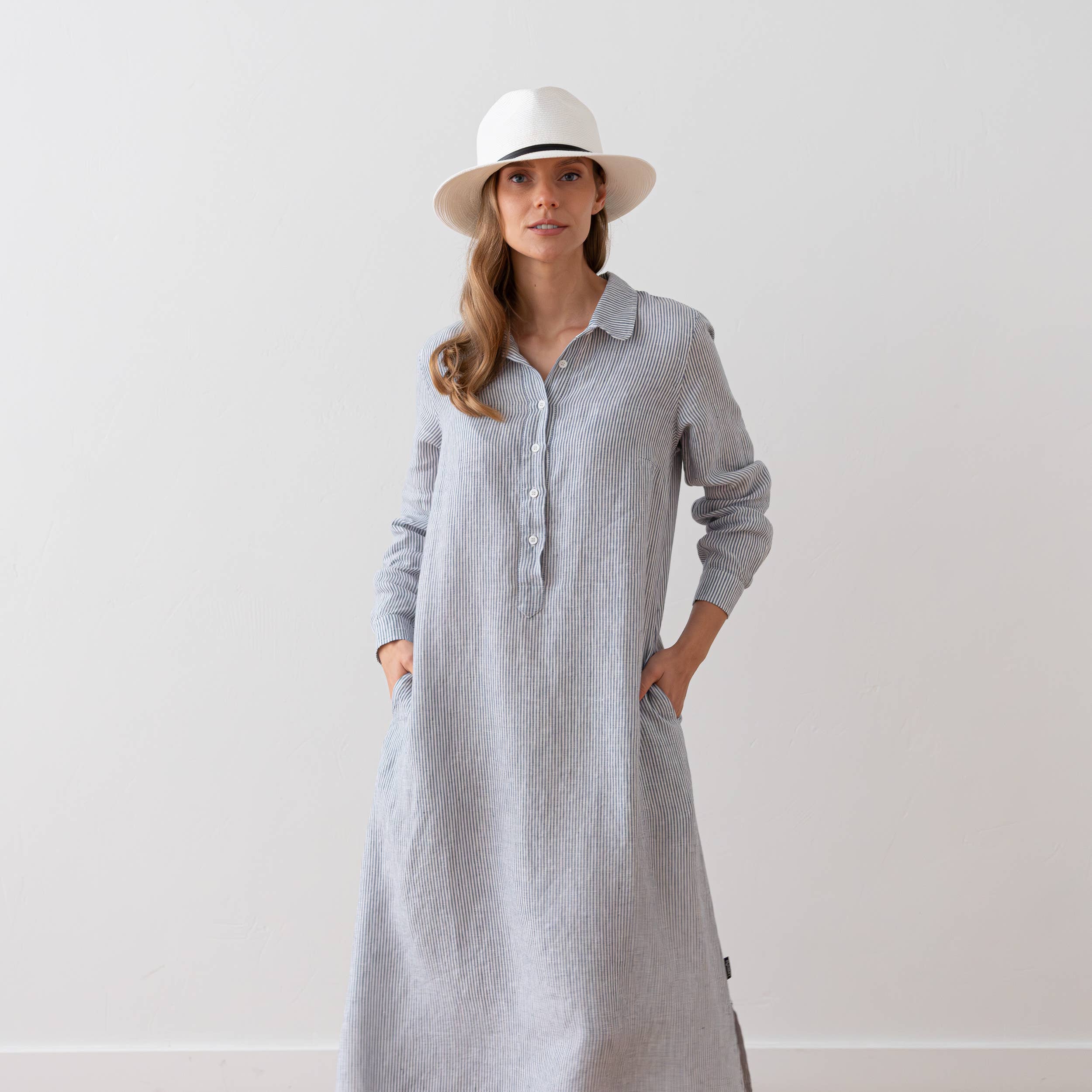 Navy Striped Linen Maxi Dress