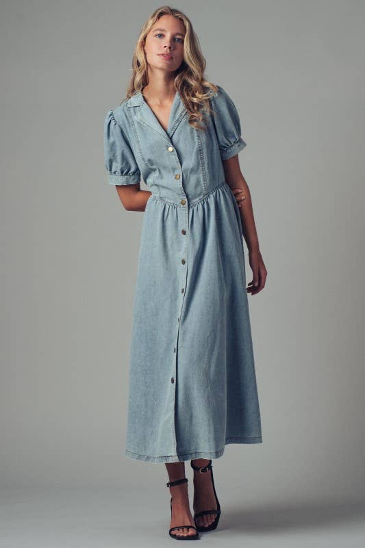 Button-Down Puff Sleeve Denim Midi Dress