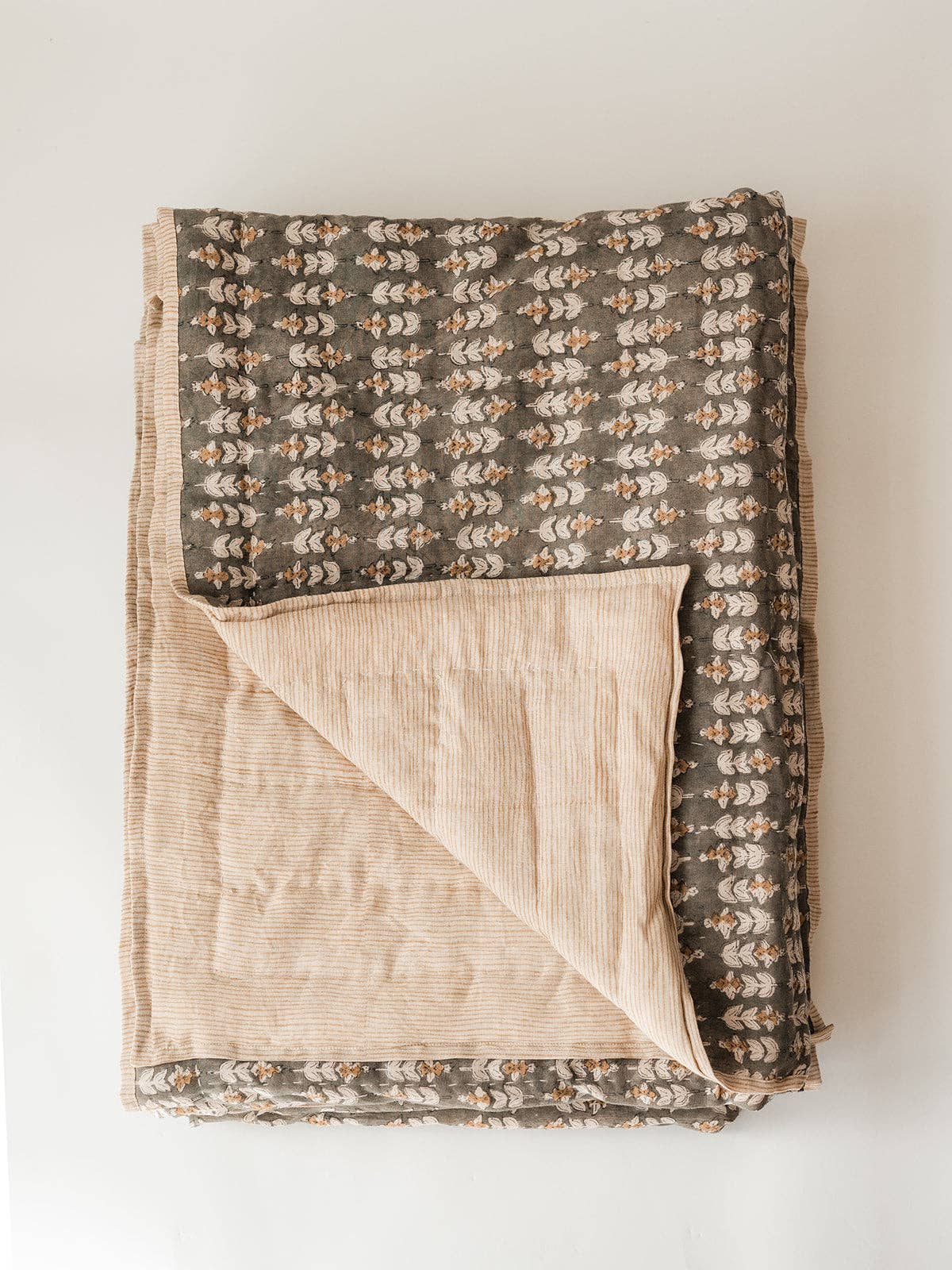 King Blossom Block Print Quilt: Olive Night