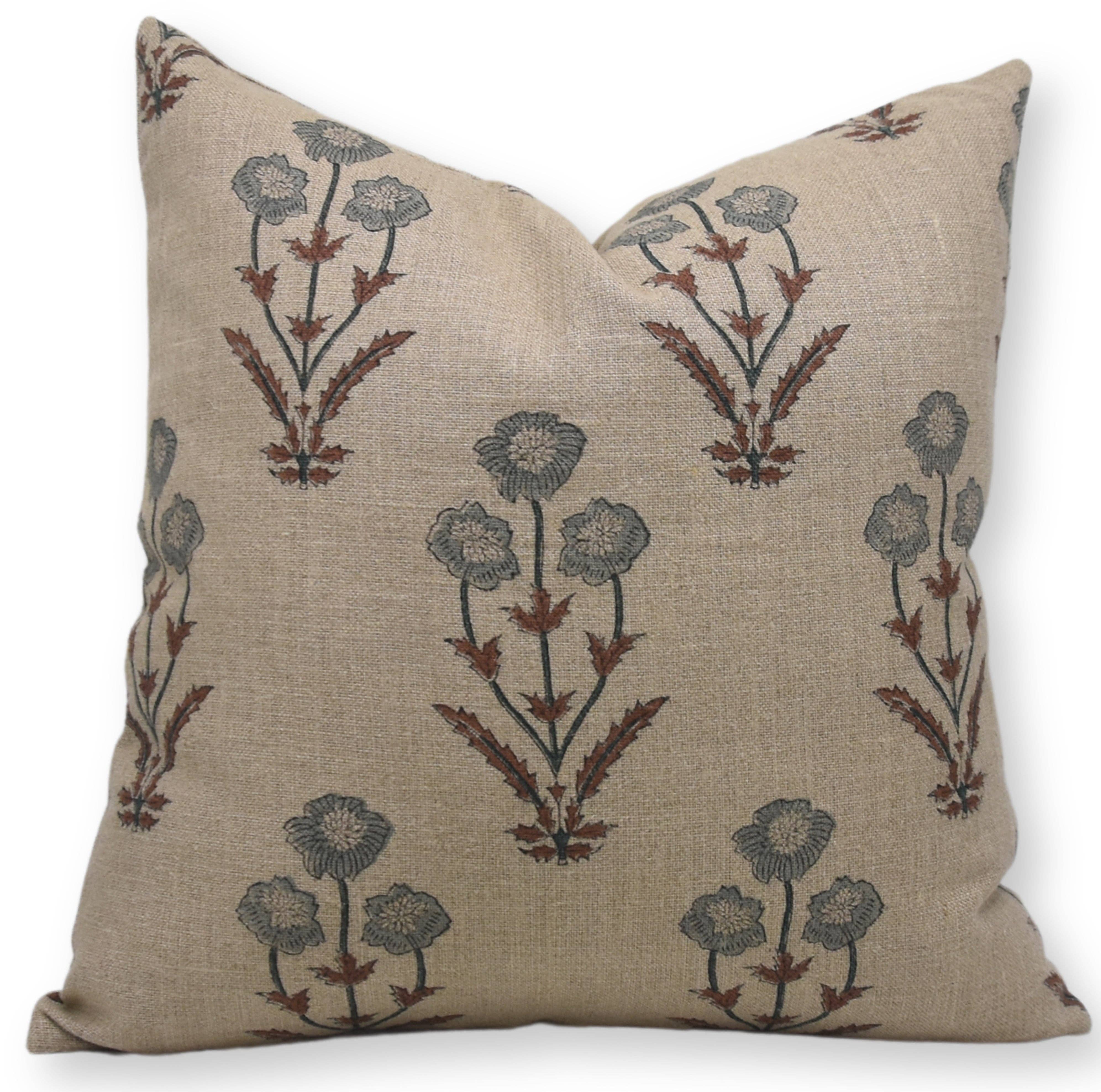 Block Print Linen Blend Pillow: Beige & Blue Amitabh