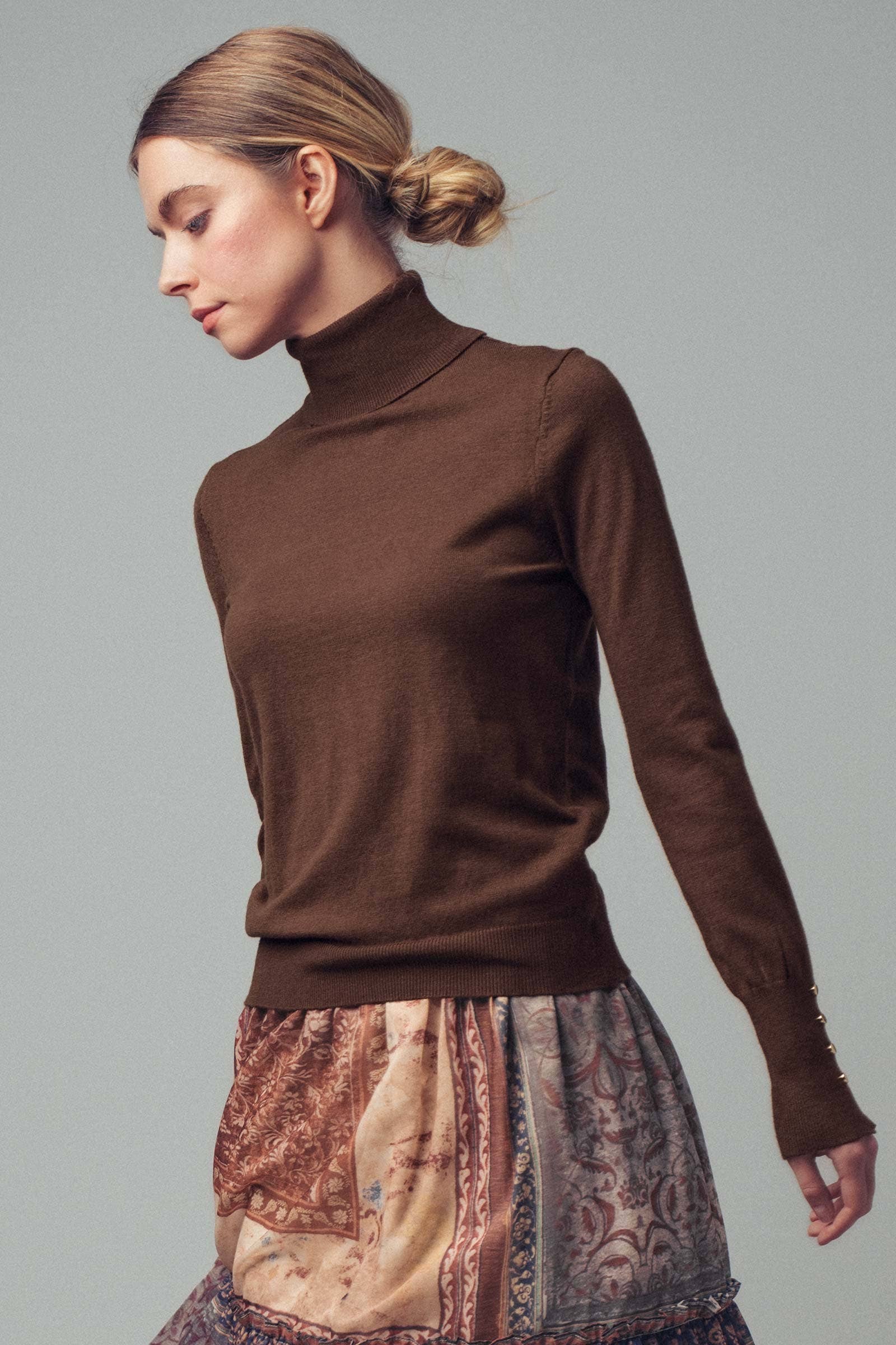 Gold Button Fitted Turtleneck Sweater: Brown