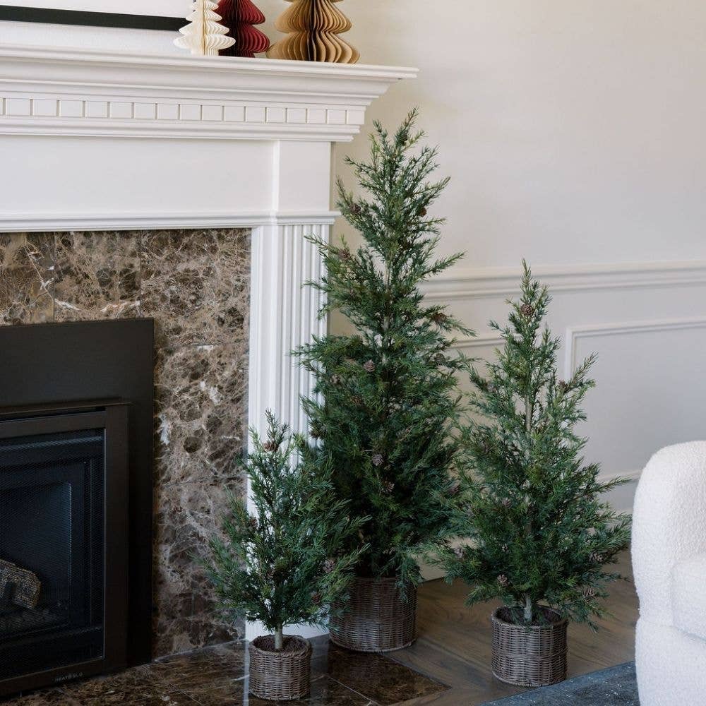 Faux Pine Tree in Woven Basket