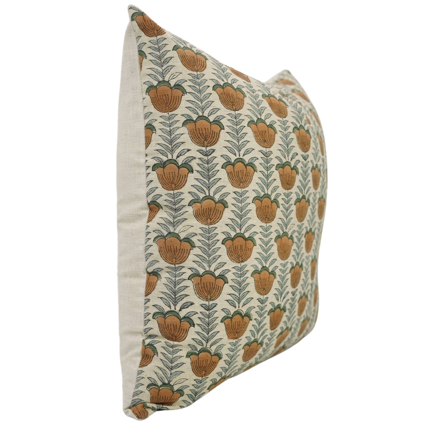 Block Print Linen Blend Pillow: Orange Lotus