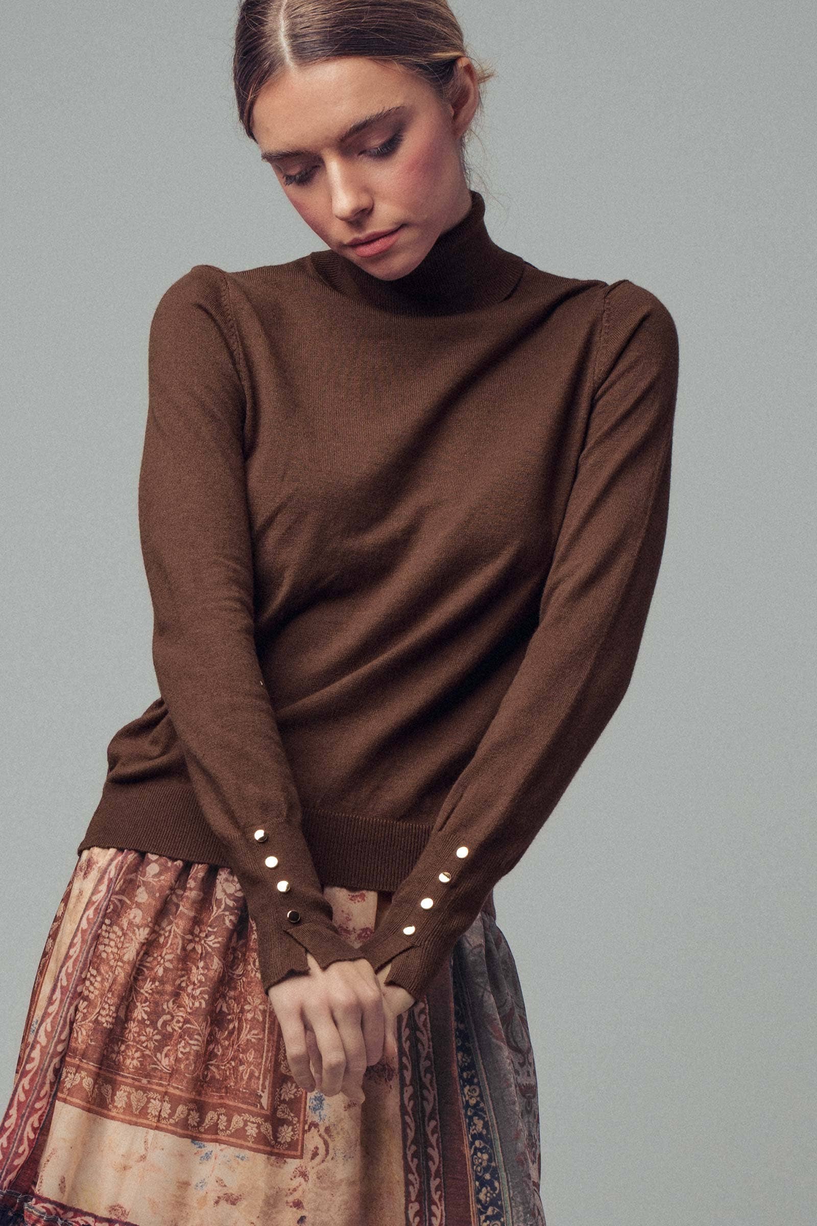 Gold Button Fitted Turtleneck Sweater: Brown