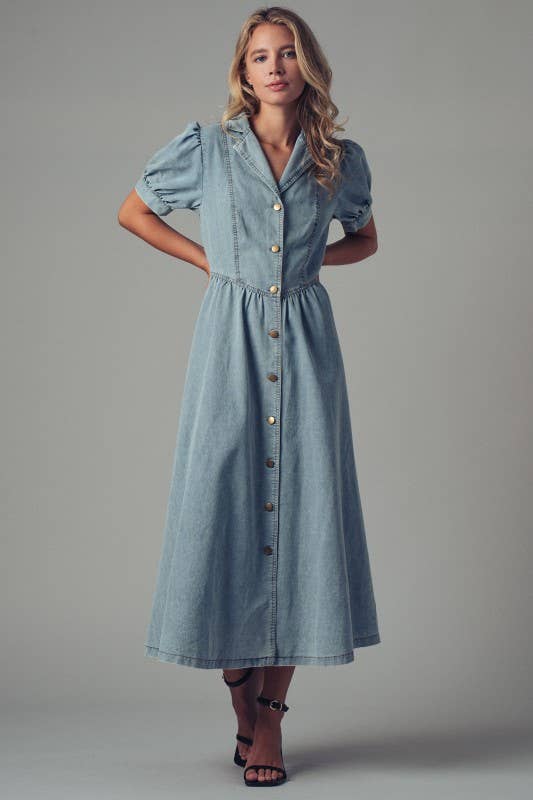 Button-Down Puff Sleeve Denim Midi Dress