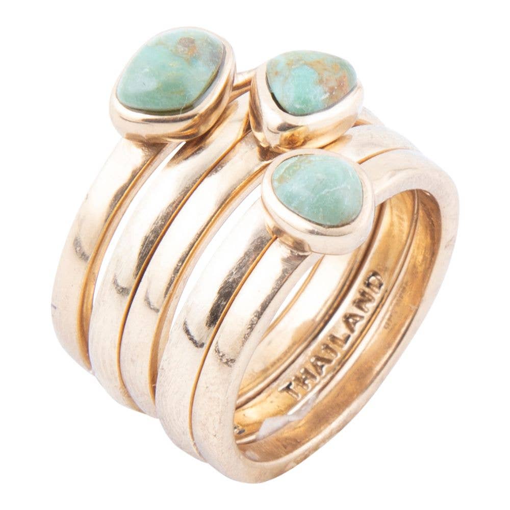 Blue Turquoise Golden Stacking Ring Set: Size 8
