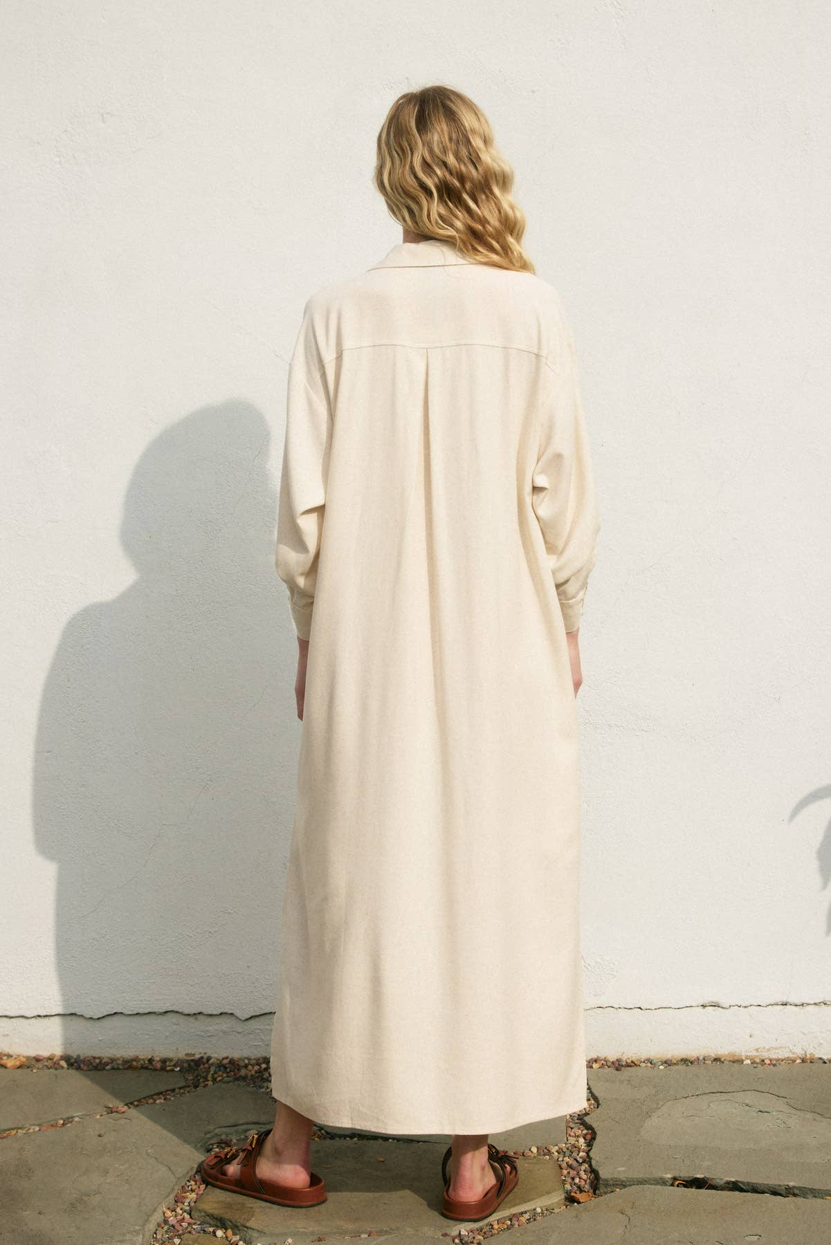 Cotton Linen Pleated Shirt Dress: Ivory