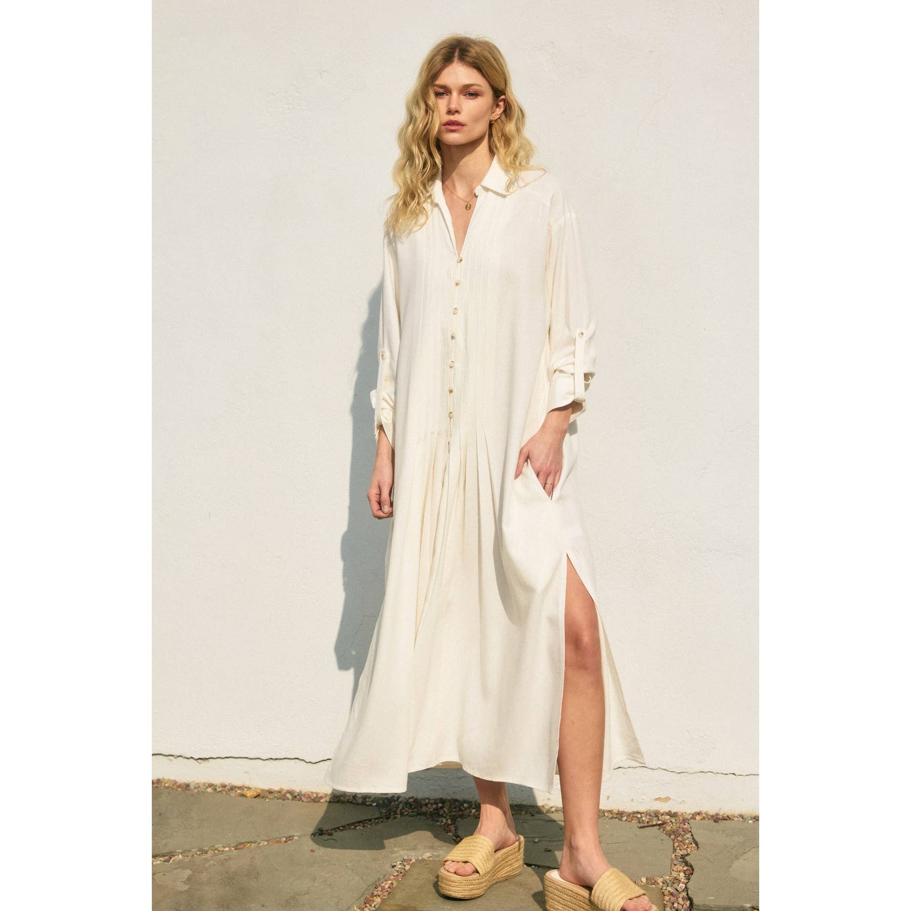Cotton Linen Pleated Shirt Dress: Ivory
