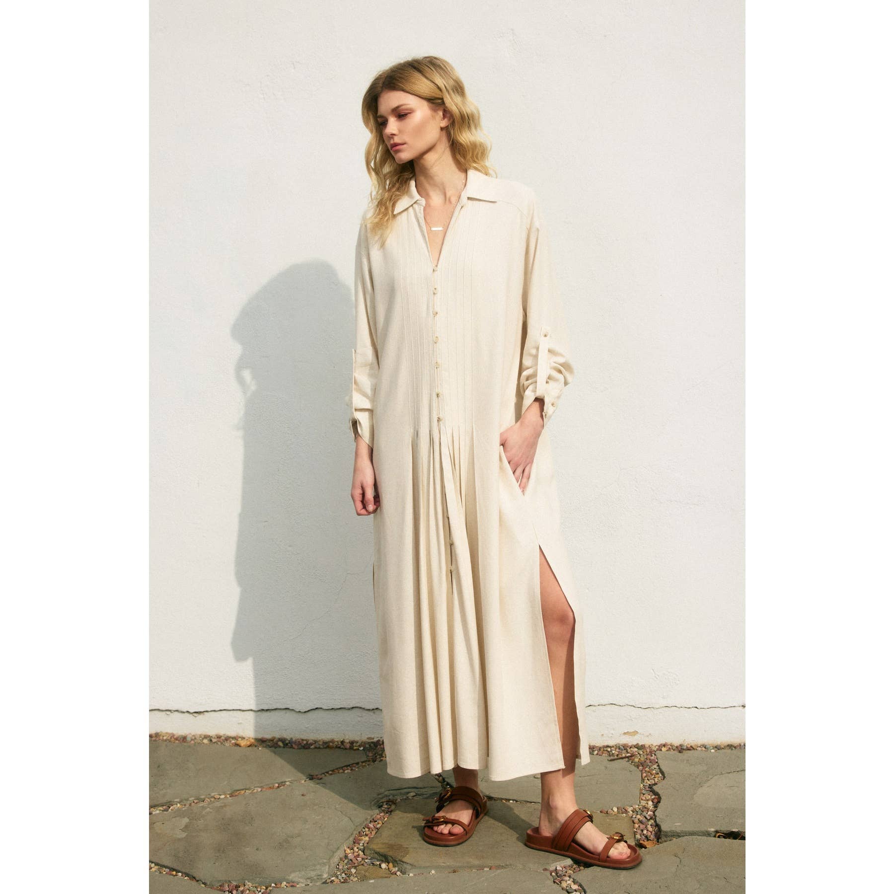 Cotton Linen Pleated Shirt Dress: Ivory
