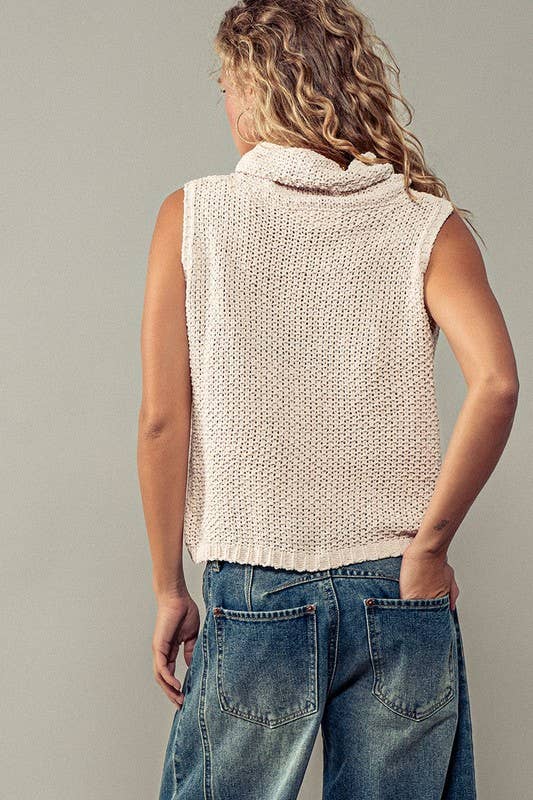 Sleeveless Cowl Neck Crochet Top: Cream