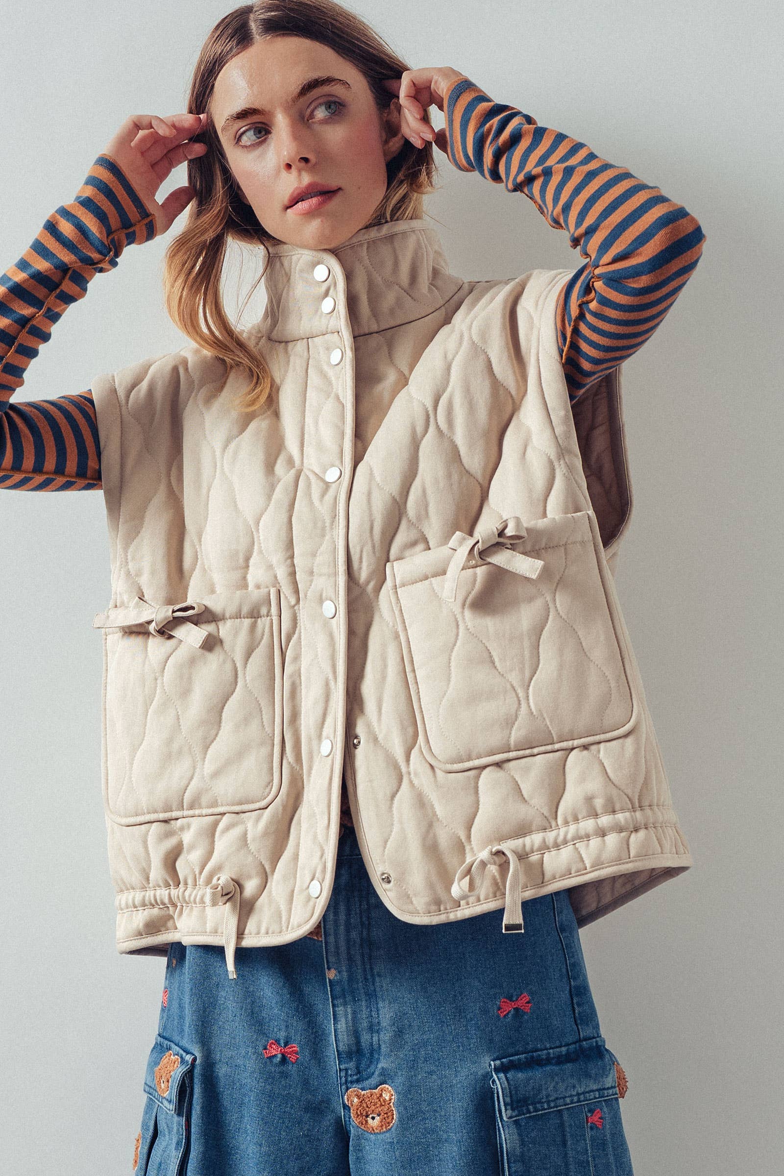 Vintage Washed Quilted Padded Vest: Cream