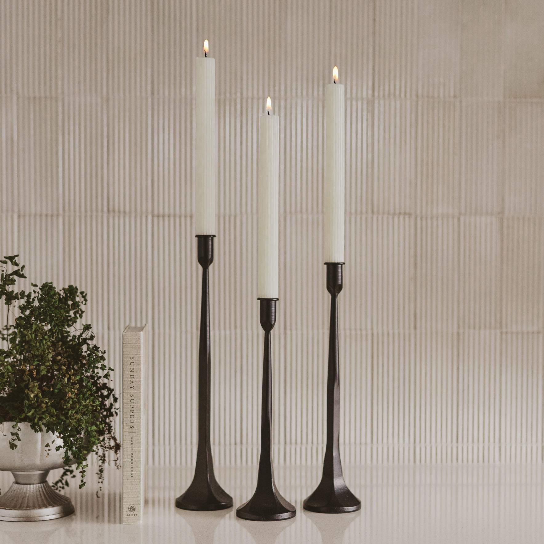 Ivory Fluted Taper Candles: Set of 3