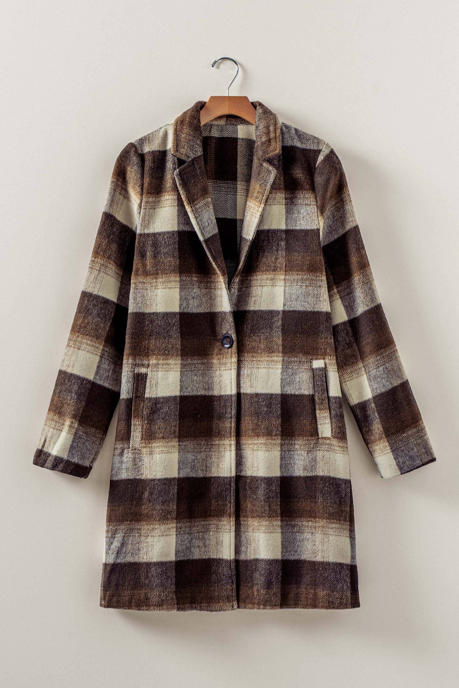Brushed Plaid Notched Lapel Coat: Chocolate