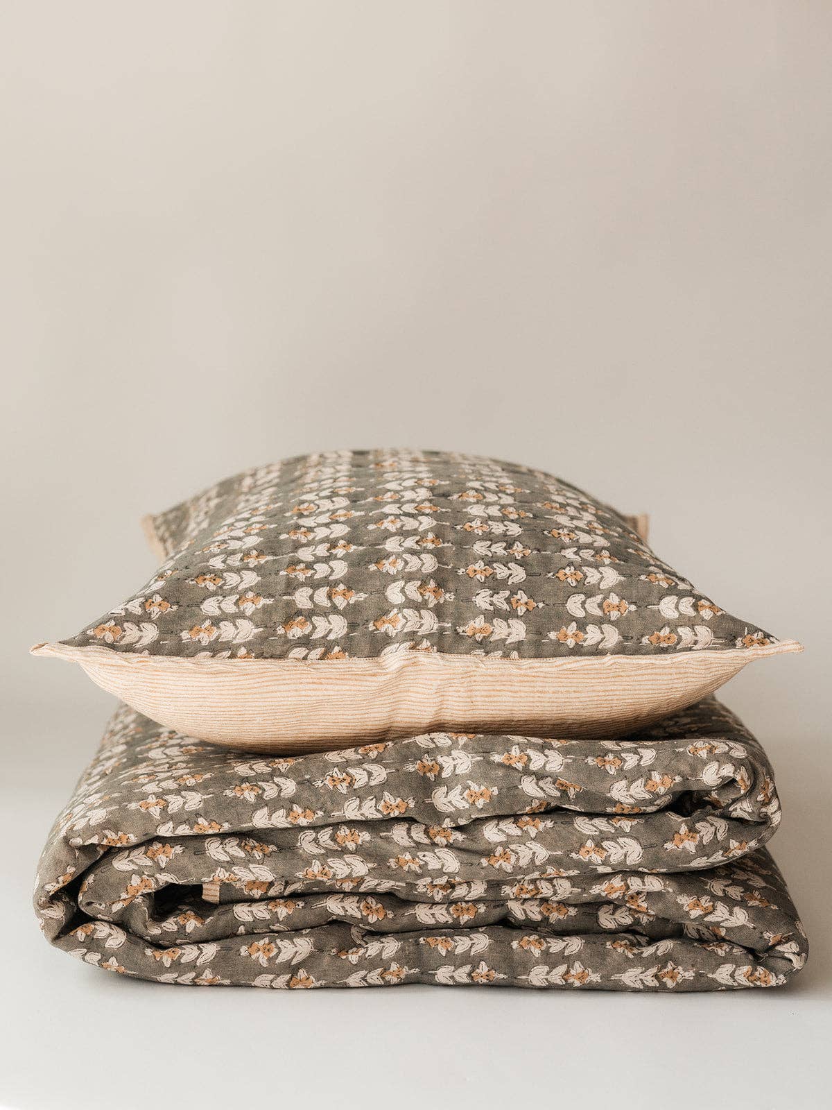 King Blossom Block Print Quilt: Olive Night