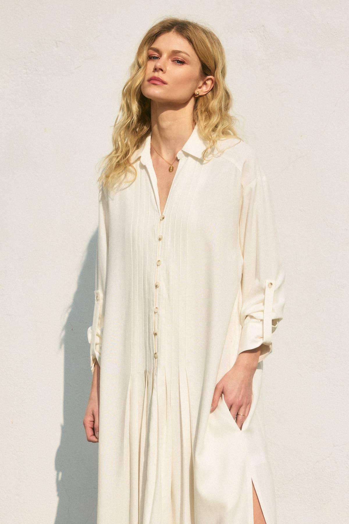 Cotton Linen Pleated Shirt Dress: Ivory