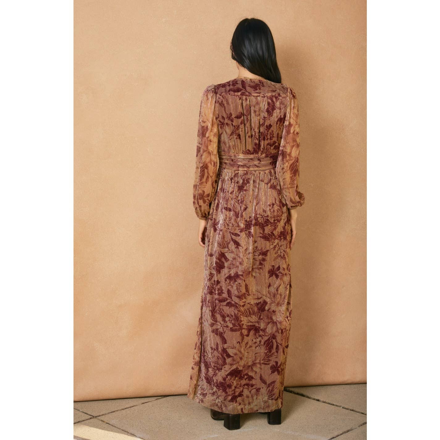 Burgundy Bloom Ruched Waist Maxi Dress