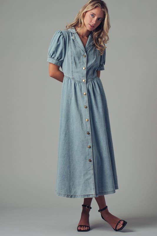 Button-Down Puff Sleeve Denim Midi Dress