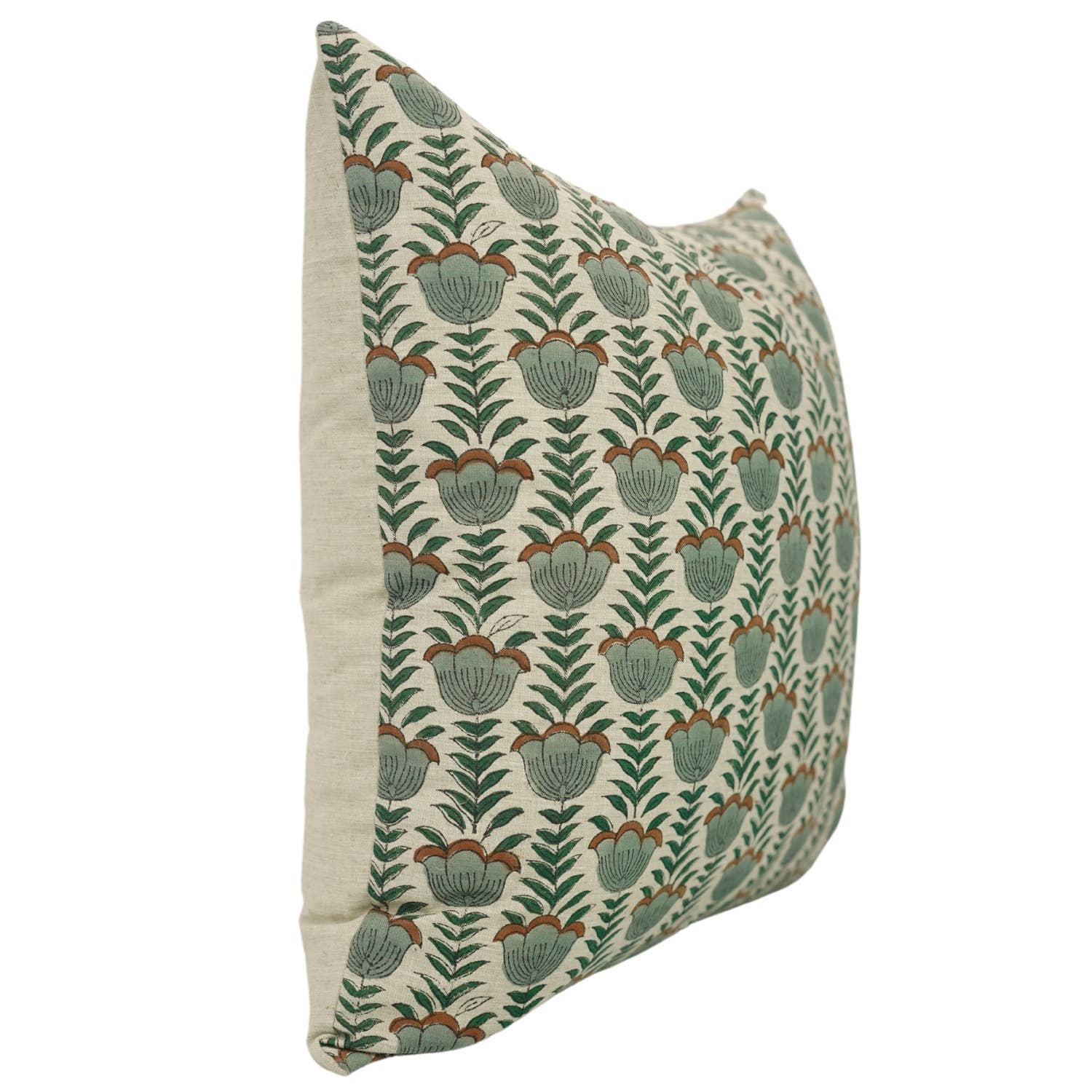 Block Print Linen Blend Pillow: Green Lotus