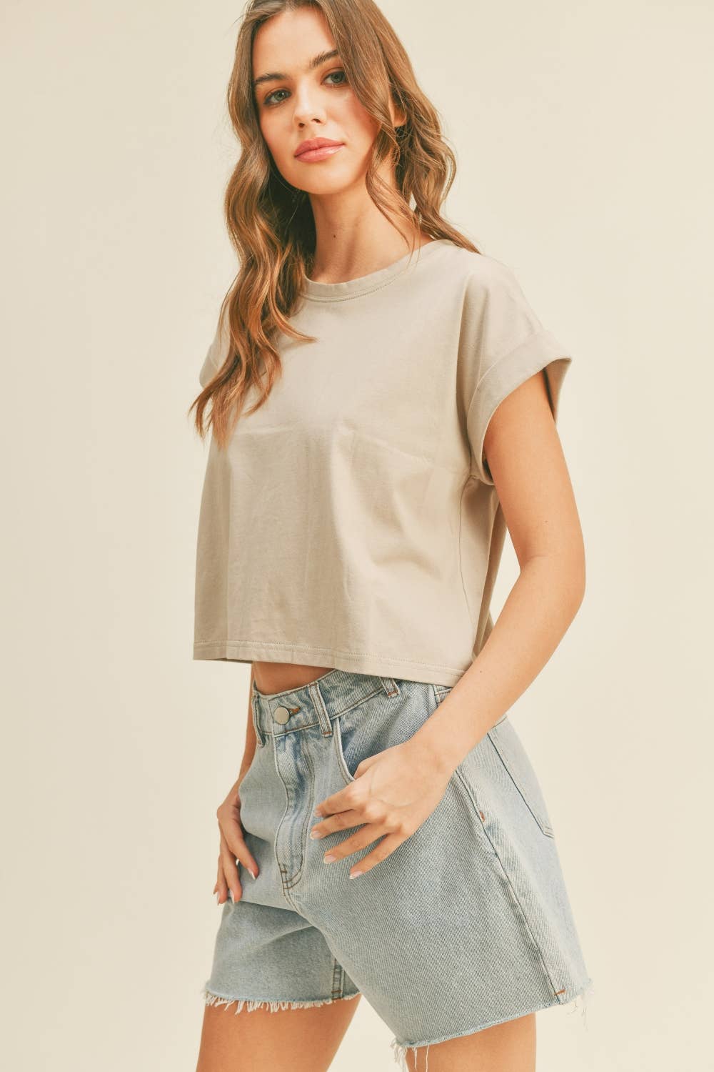 Cuffed Sleeve Top: Stone