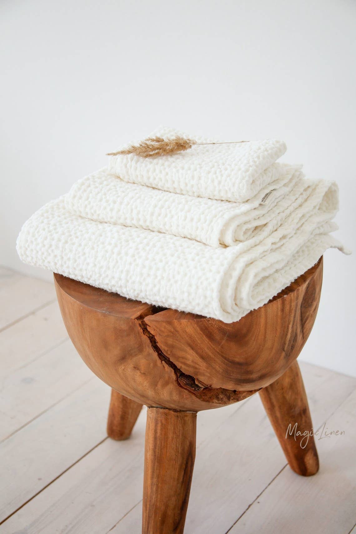 Waffle Linen Bath Towel Set of 3 - White