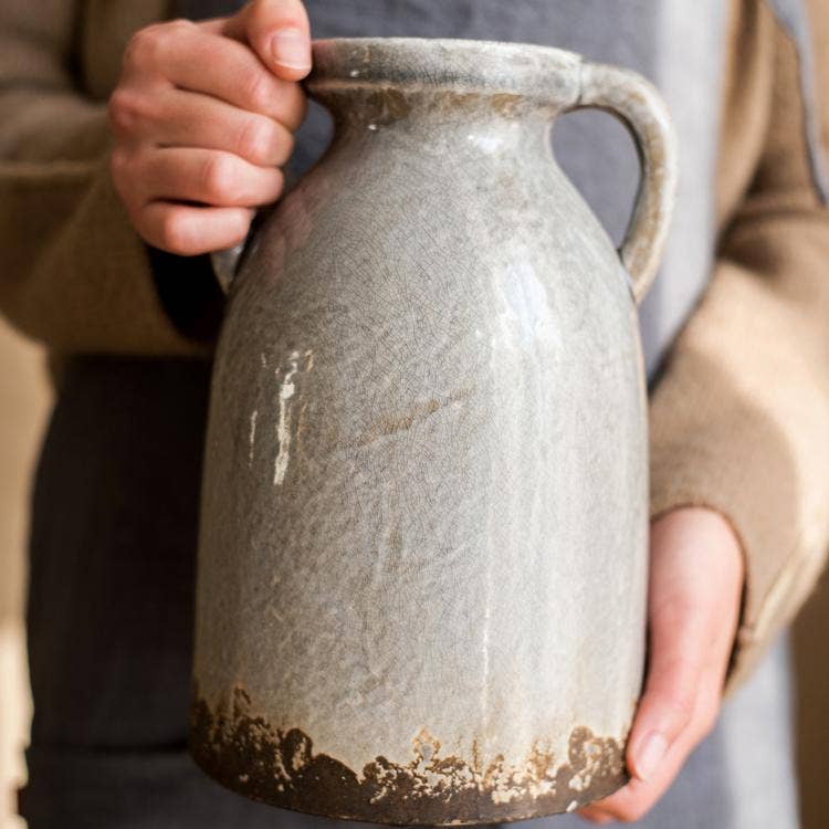 Glazed Pottery Vase with Handles: Blue