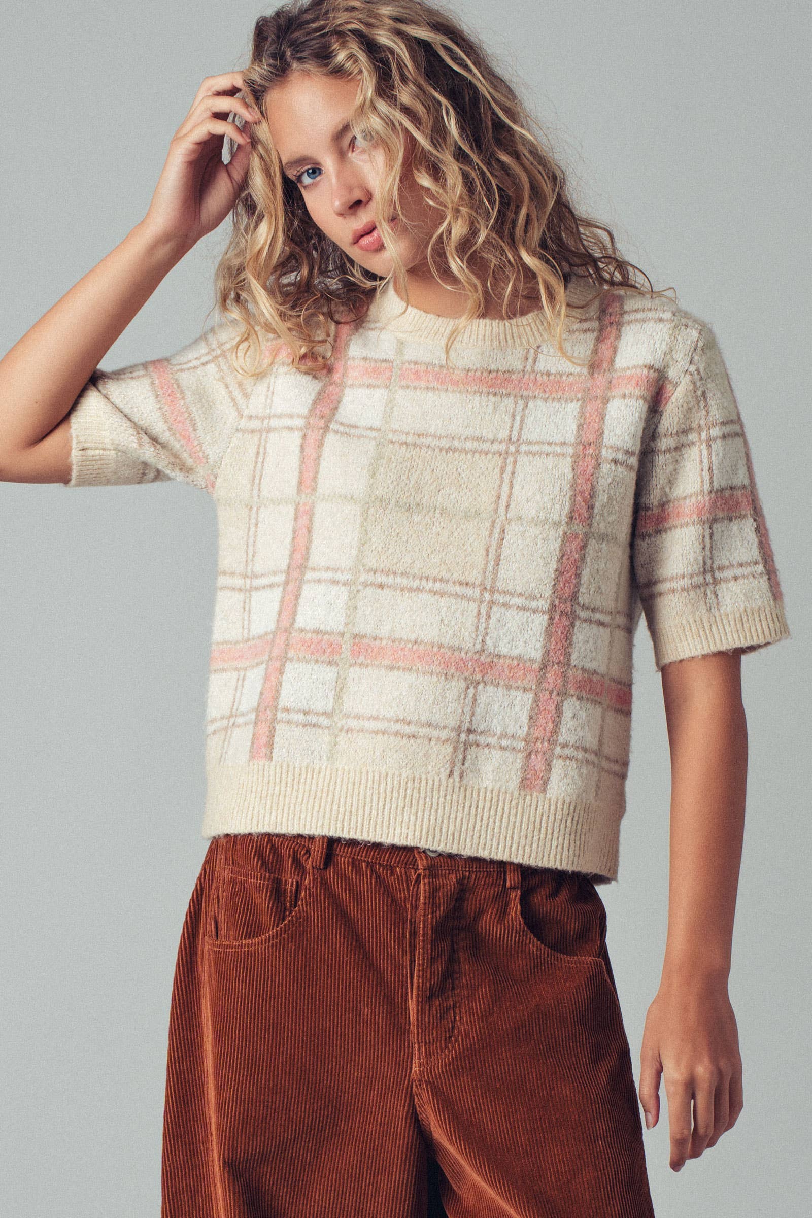 Plaid Short Sleeve Knit Sweater Top