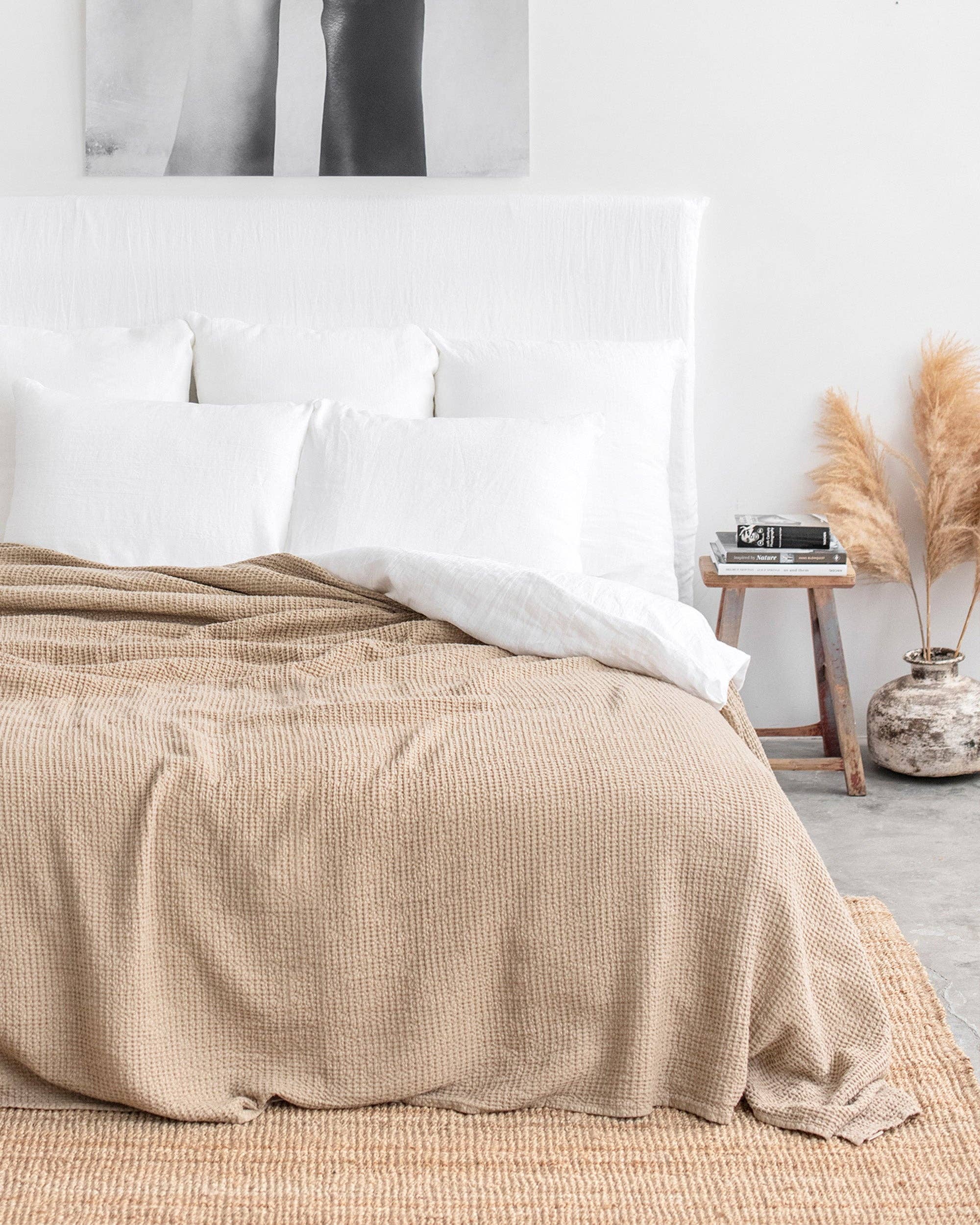 Beige Cotton Linen Waffle Blanket: King